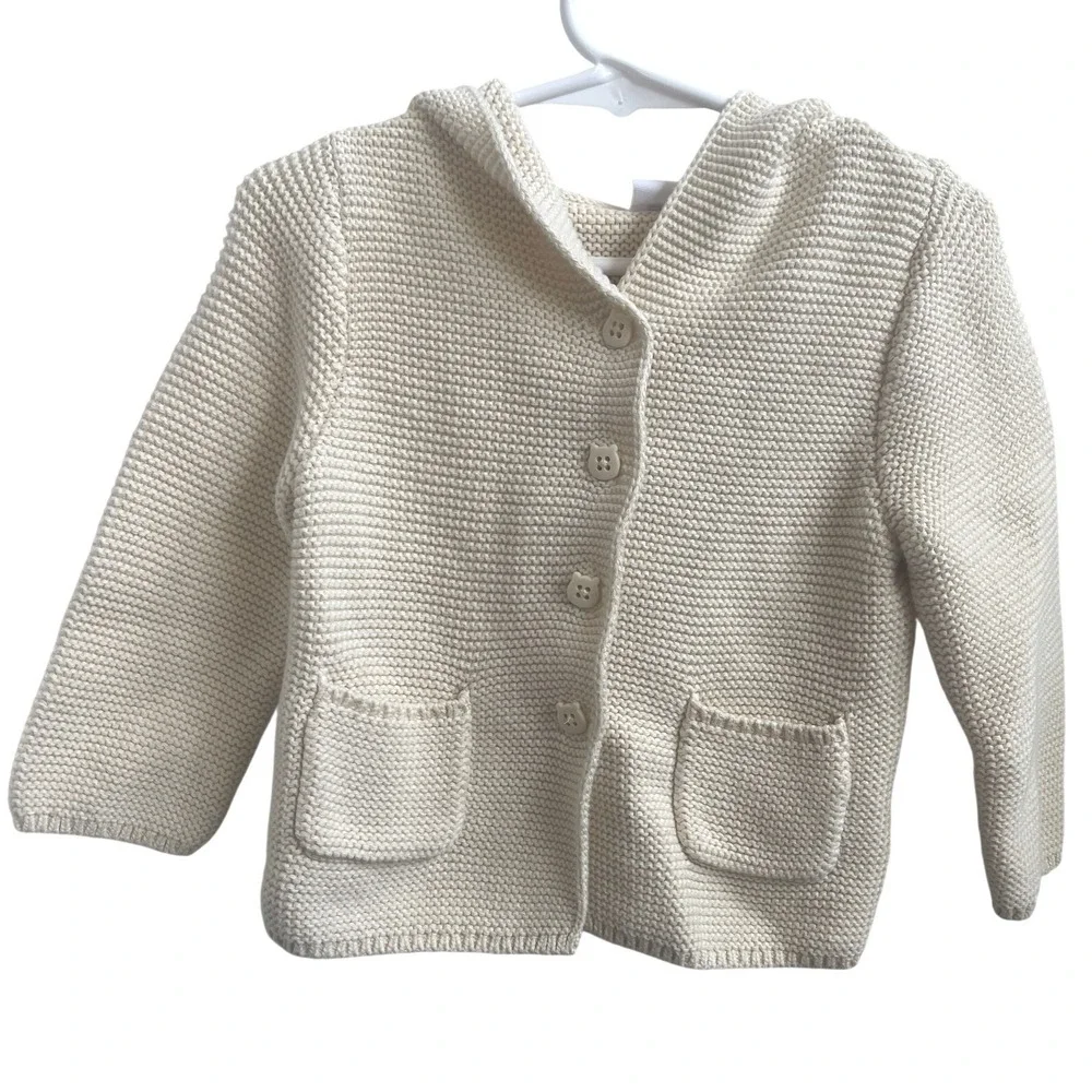 Baby Gap Bear Ear Hooded Sweater Cardigan Cream Knit Jacket 12-18M